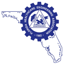 Florida Healthcare Engineering Association logo over Florida outline. Blue cog with text, triangle, and lightning bolt.