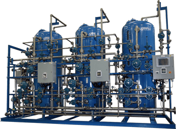 Blue industrial filtration system with multiple tanks, pipes, and control panel.