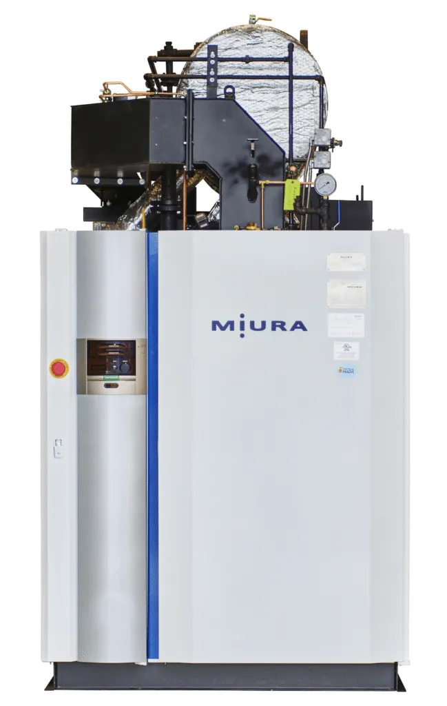 A vertical industrial boiler with metallic casing, control panel, pipes, and an attached ladder on a black base.