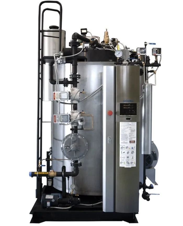 An industrial boiler unit with a cylindrical silver tank, control panel, vertical ladder, and various piping connections.