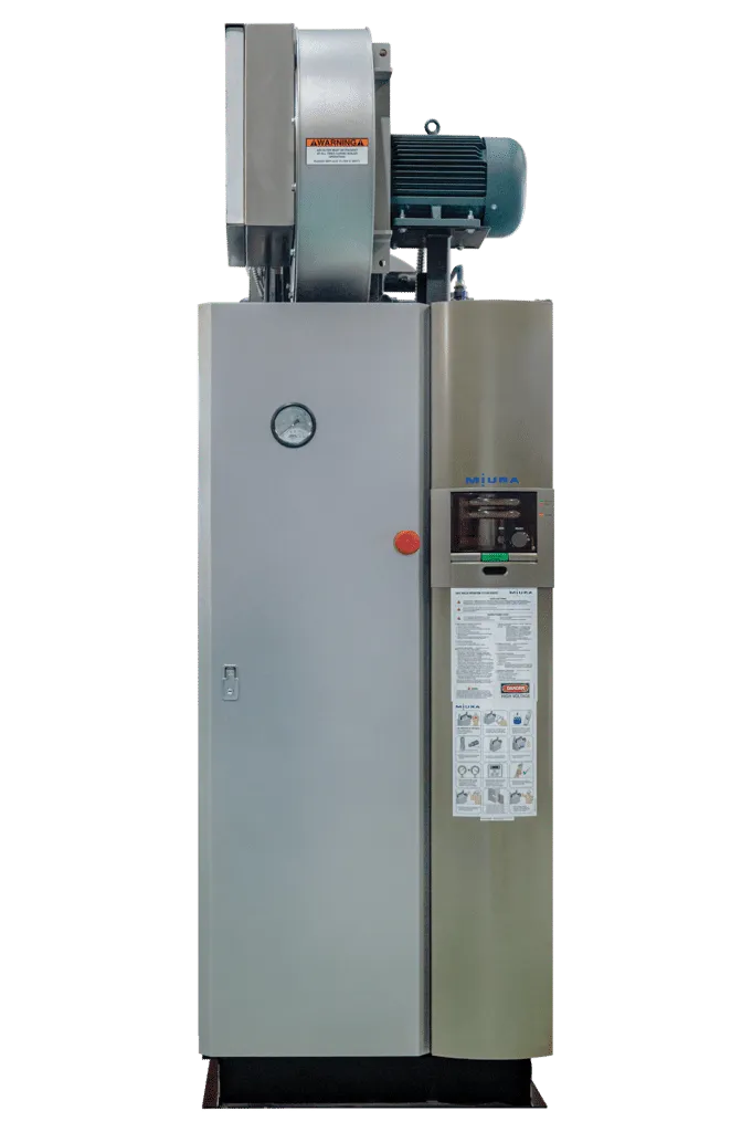 A tall, gray industrial equipment unit with a top-mounted blower motor, a pressure gauge, and a control panel.