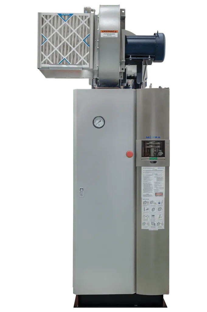 A vertical industrial boiler with metallic casing, control panel, pipes, and an attached ladder on a black base.