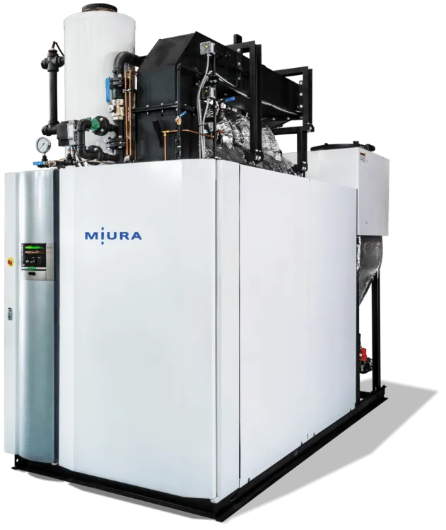 Miura industrial boiler, white cabinet, with black components on top and connected tanks.