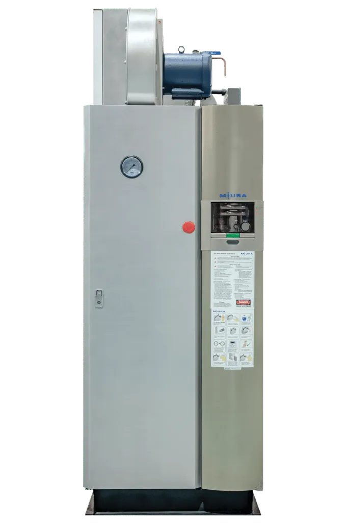 A tall, industrial air compressor with a light gray metal cabinet, a control screen, and a top-mounted motor unit.