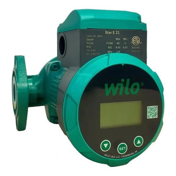 Green Wilo Star S 21 circulating pump with digital display and control buttons.